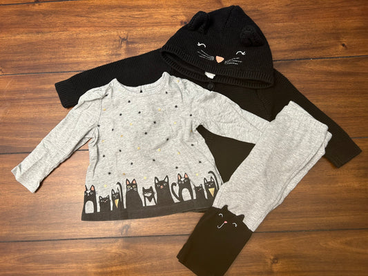 #201 Baby Gap Girls Size 12-18M Gray & Black Cat Sweater, Top & Pants Set