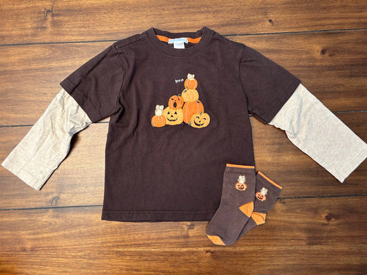#201 Janie & Jack Boys Size 4 Brown Pumpkin Appliqué Long Sleeve T-shirt with Matching Socks