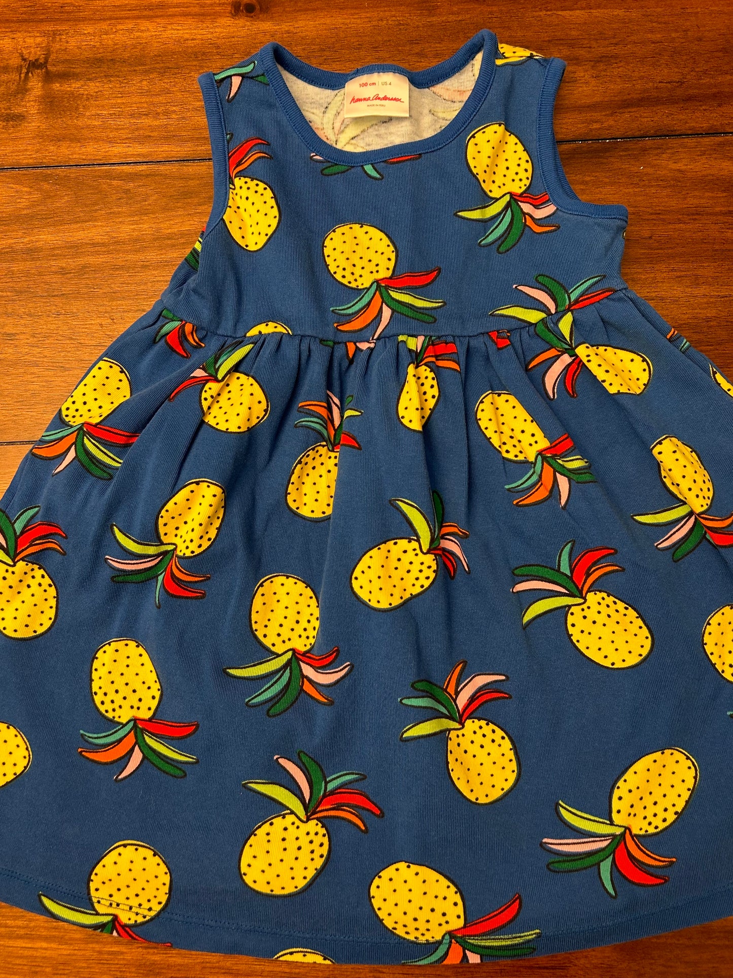 Hanna Andersson	Girls Royal Blue Pineapple Printed Super Soft Sleeveless Skater Dress Size 4 PPU 45040