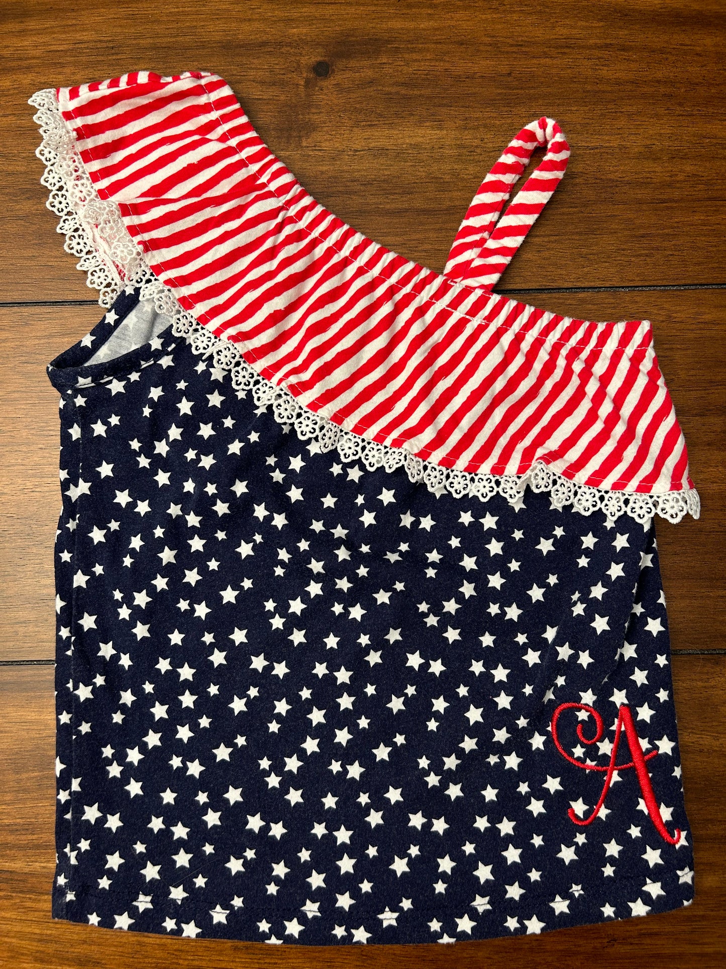 Girls Red White & Blue Patriotic Spaghetti Strap Top with Red Embroidered "A" Size 5T PPU 45040