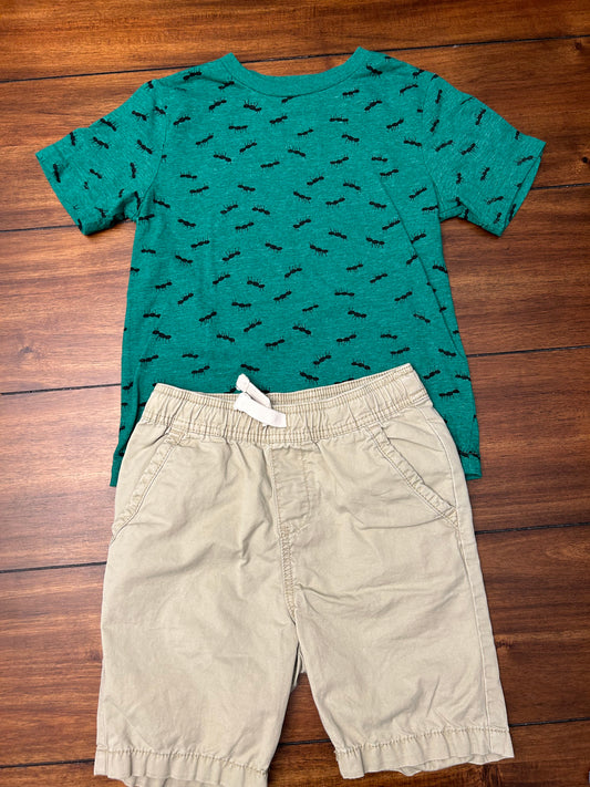 Tucker & Tate Boys Green Ant Printed T-shirt & Khaki Twill Shorts Set Size 7 PPU 45040