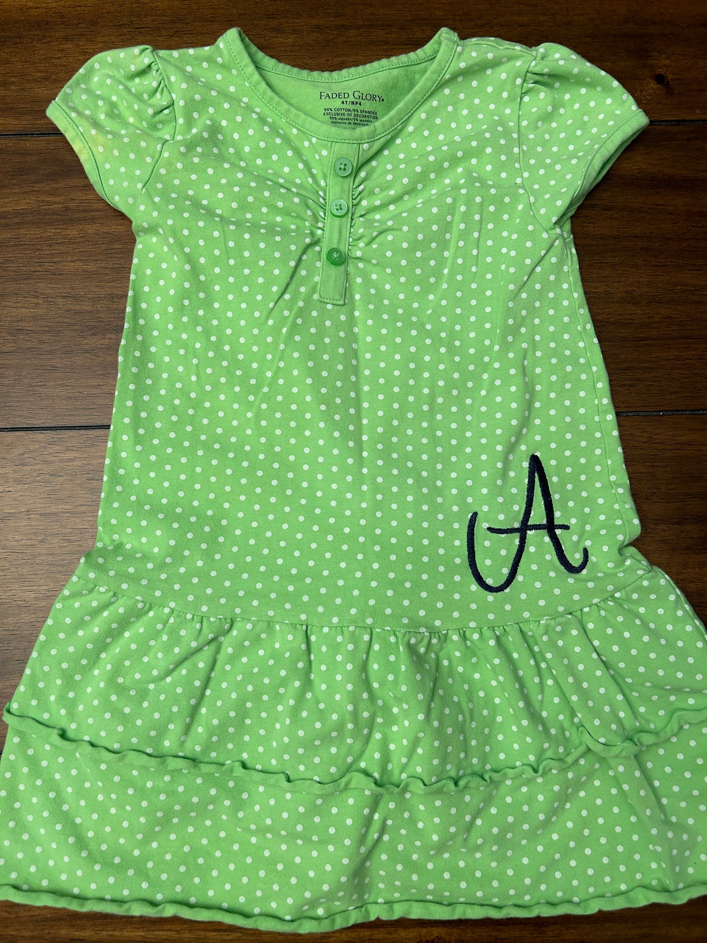 Faded Glory Girls Lime Green White Polka Dotted Dress with Navy Embroidered "A" Size 4T PPU 45040