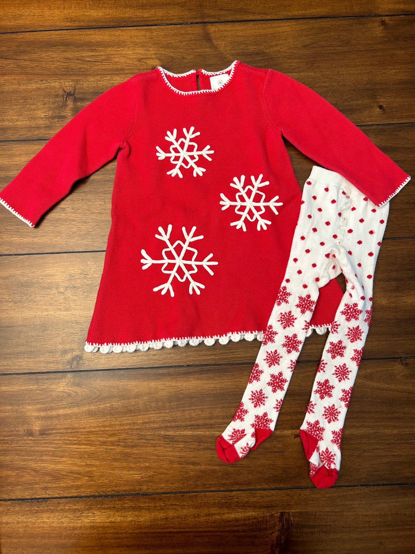 EUC Hanna Andersson Girls Size 2 (80) Red Sweater Dress with White Embroidered Snowflakes & White Footed Tights with Red Glitter Snowflakes