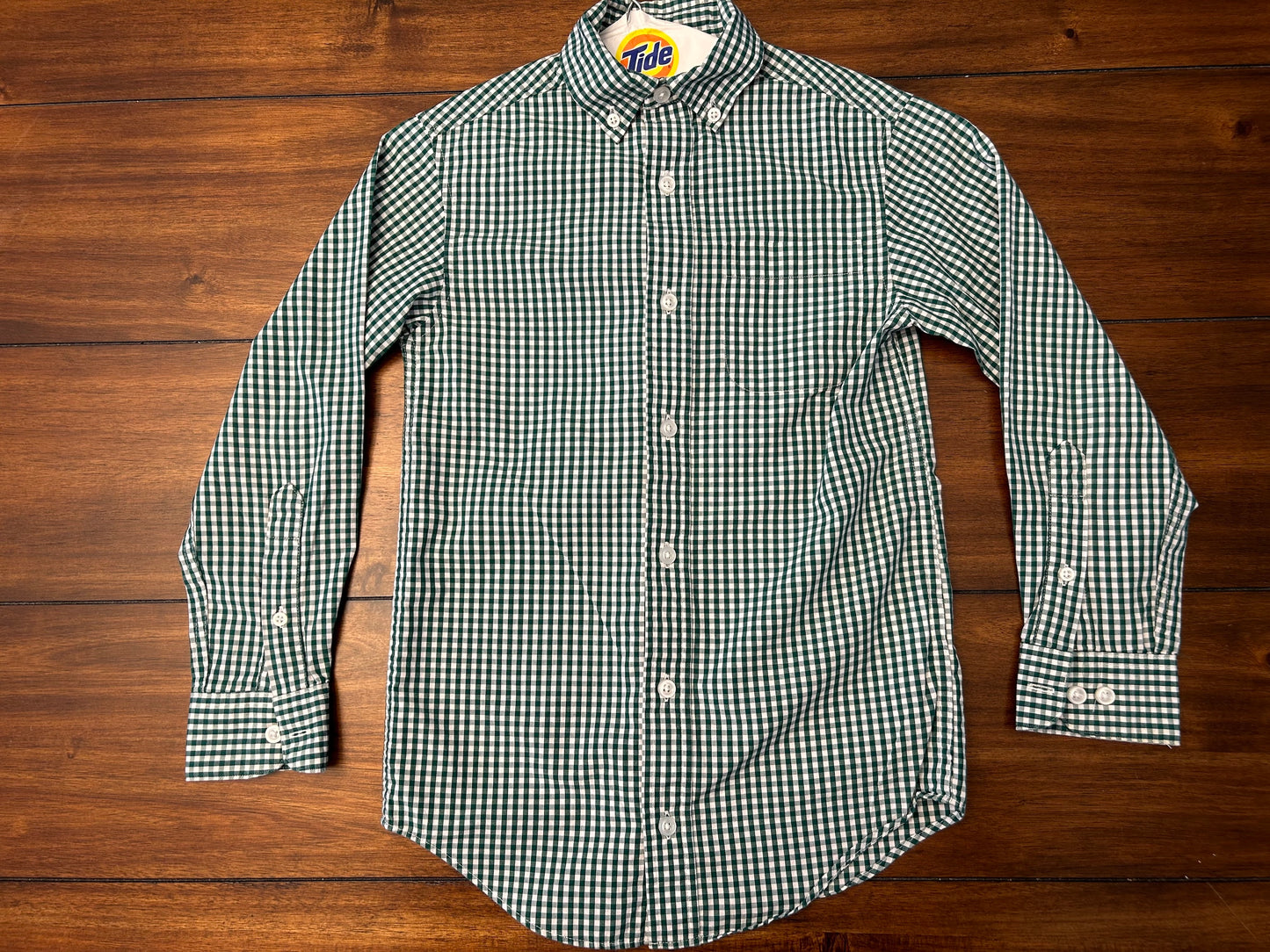 #201 Cass Club Boys Size 8 Green & White Checked Long Sleeve Button Down Dress Shirt