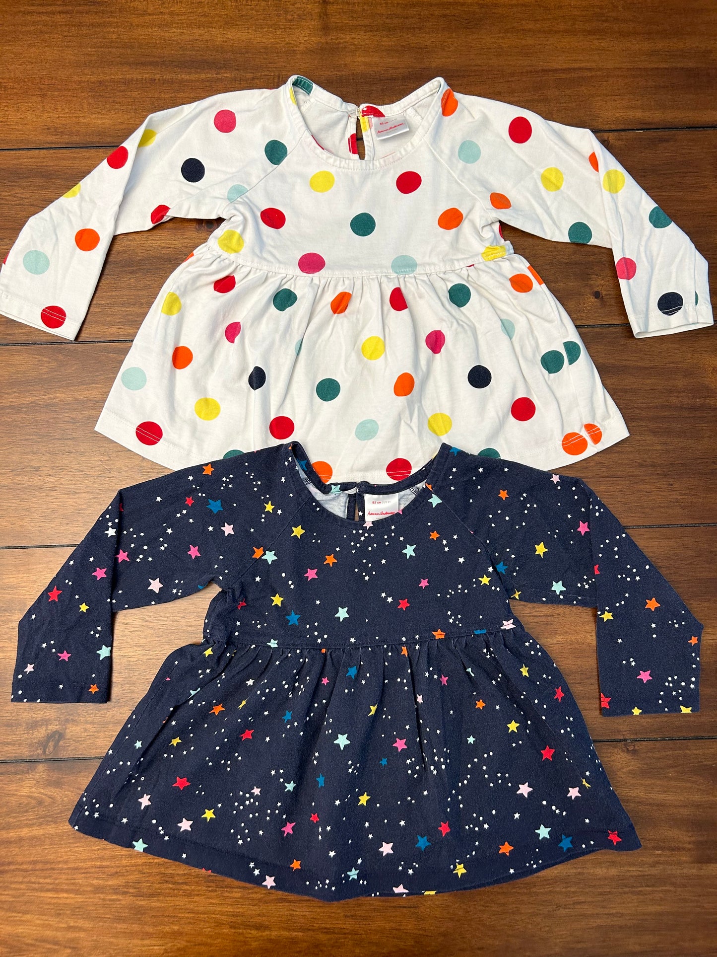 VGUC Hanna Andersson Girls Size 2 (85) Navy Star Printed & Cream Bright Colored Polka Dotted Long Sleeve A-line Tops Bundle