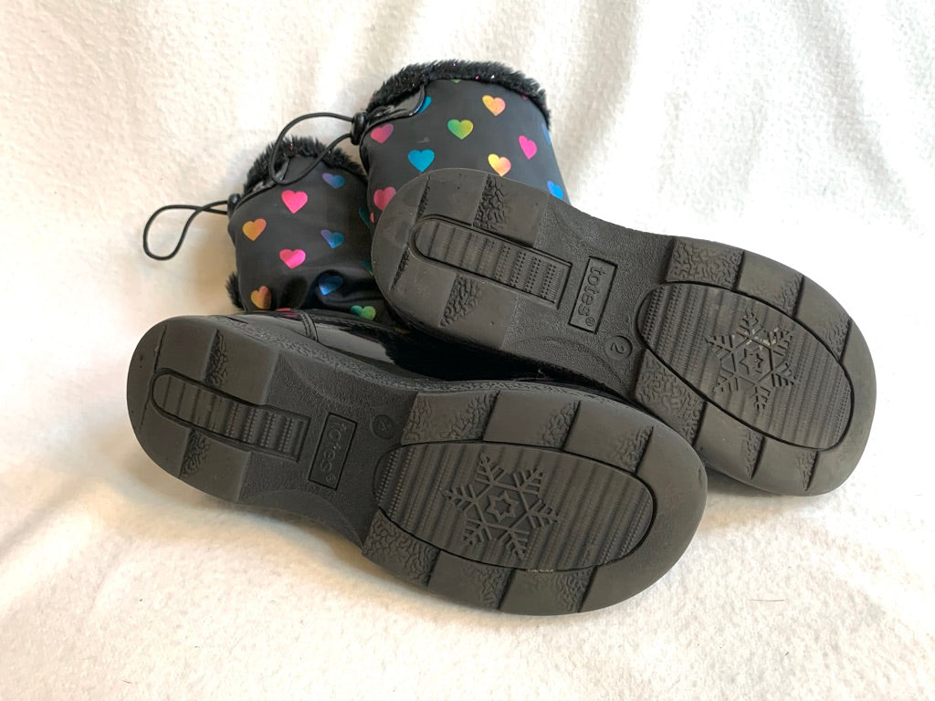 Seller #151 - REDUCED - Girls Shoes - Size 2 Totes Brand Black Zip Up Waterproof Boots with Rainbow Hearts
