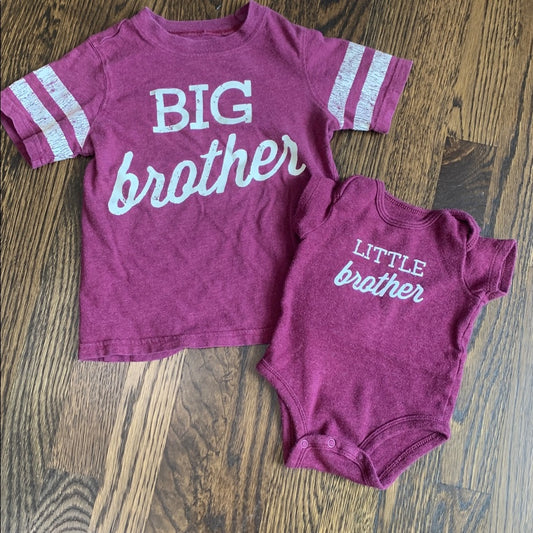 #151 - Carter's Big & Little Brother Maroon Tee and Baby Onesie - Boys 3mo and 3T