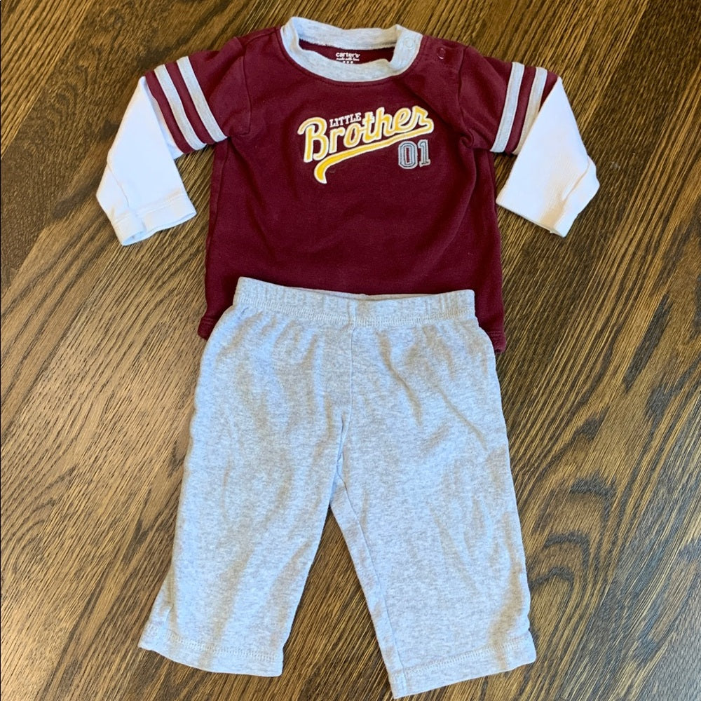 #151 - Carter's Little Brother Maroon and Gray Outfit - Boys 6mo