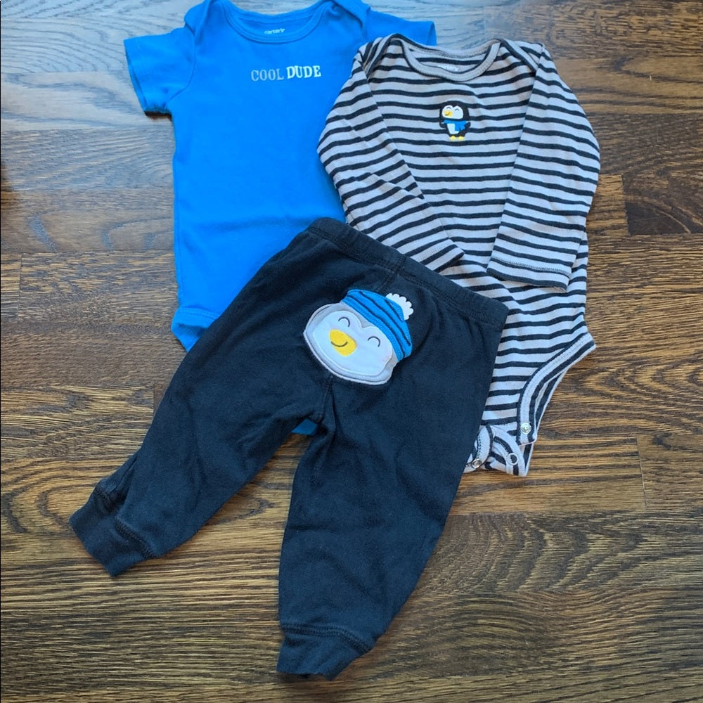 #151 - Carter's Striped Penguin Baby Onesie and Pants Set Boys 9mo