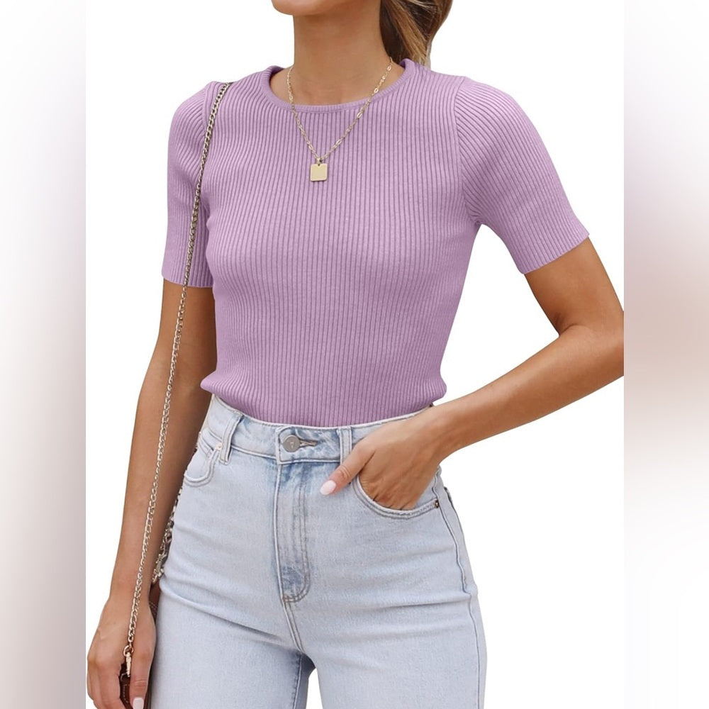 Women's Lilac Ribbed Knit Puff Sleeve Top – Size XS