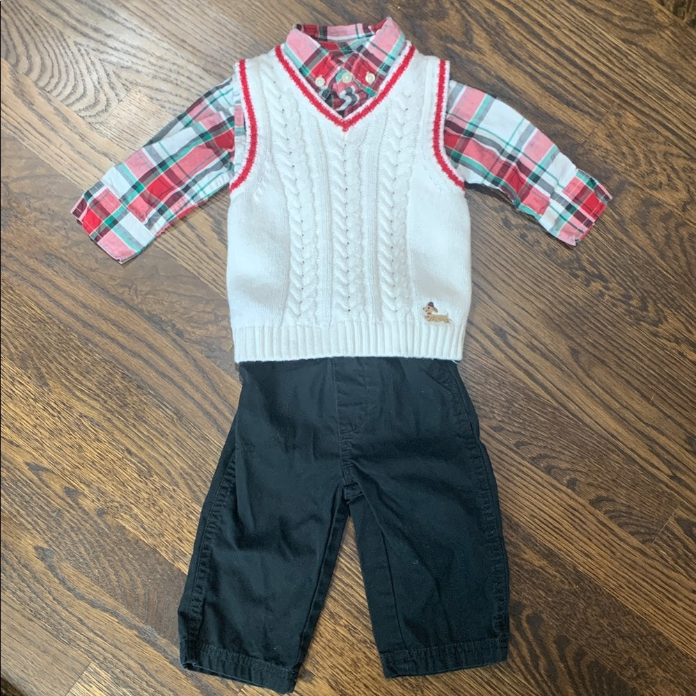 #151 - Gymboree Plaid Holiday Button-Up Shirt, Vest, and Black Pants Set 6-12mo
