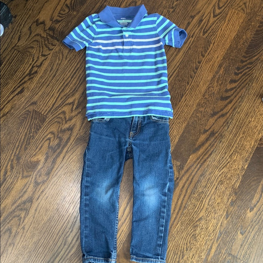 #48 Carter's Blue and Green Striped Polo and Classic Blue Kids Jeans Set Boys 3T