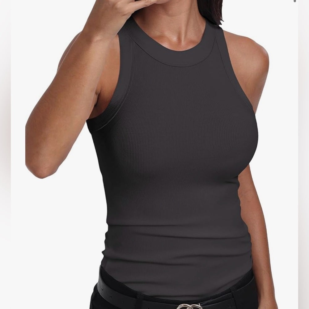 Women’s Charcoal Ribbed Tank Top – Size Small Fitted High Neck Tank