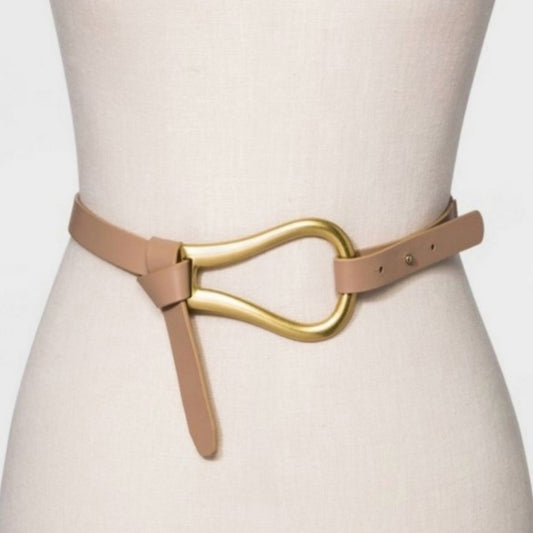 Women's A New Day Minimalist Tan Belt with Sculptural Gold Buckle – Size S