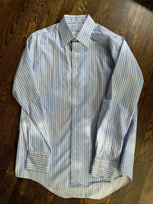 #151 - Brooks Brothers Blue Striped Men's Button Down Shirt - Extra Slim Fit - Neck 16, Length 34