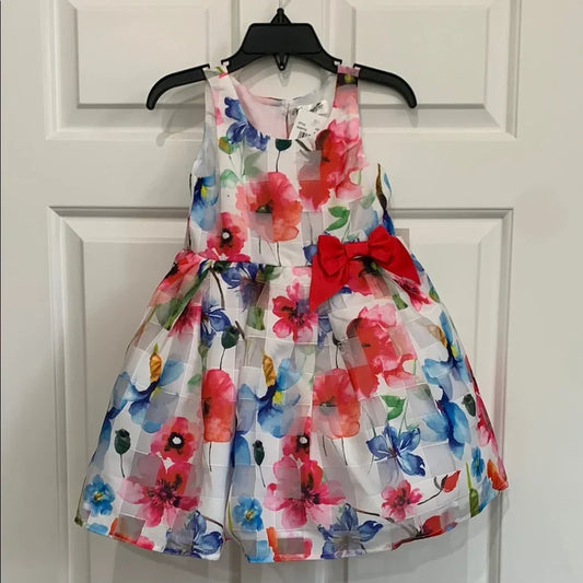 #48 - Nanette Girls Floral Dress with Red Bow - 2T