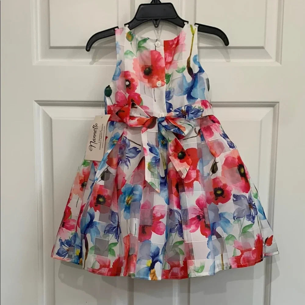 #48 - Nanette Girls Floral Dress with Red Bow - 2T
