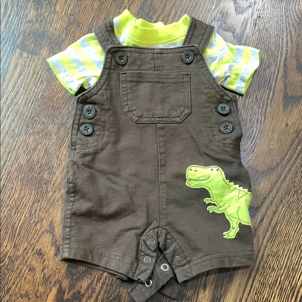 #48 - Carter's Brown Overalls with Green Dinosaur Patch and Tee set - Newborn