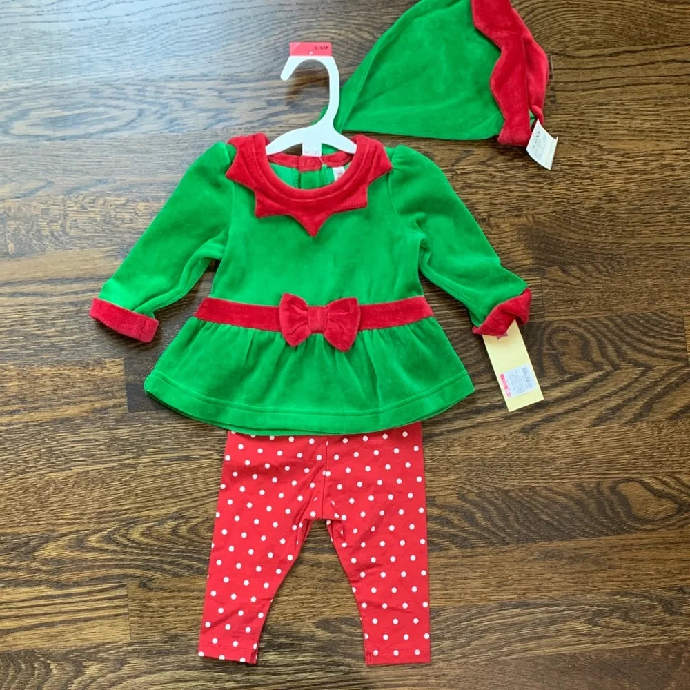 #151 - NWT Festive Christmas Green and Red Polka Dot Girls 3pc Holiday Set - 3-6mo