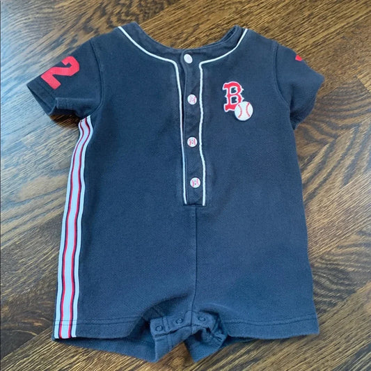 #48 - Boston Red Sox Baseball Baby Romper with Red and White Stripes 24mo