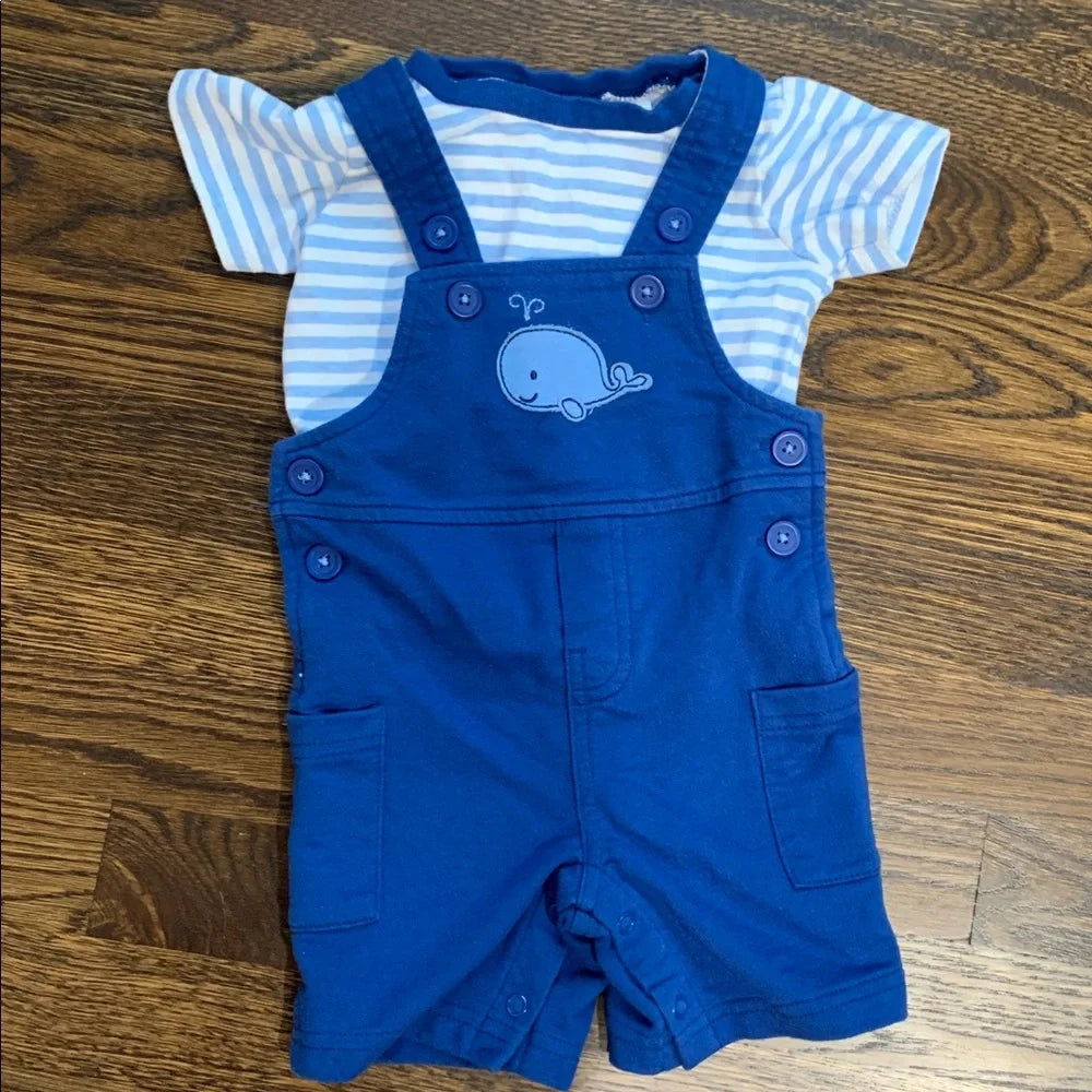 #48 - Blue Whale Overalls with Striped Shirt 3-6mo