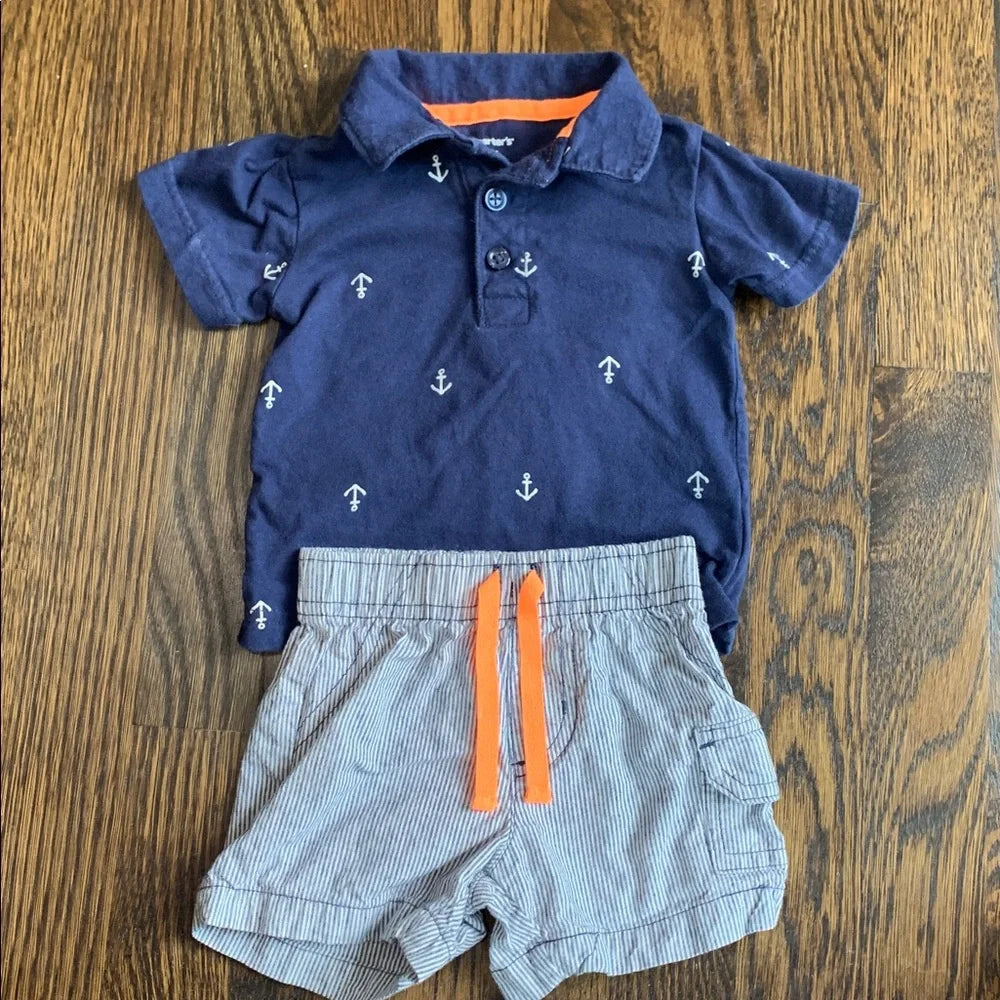 #48 - Navy Anchor Print Polo and Striped Shorts Set - 6mo