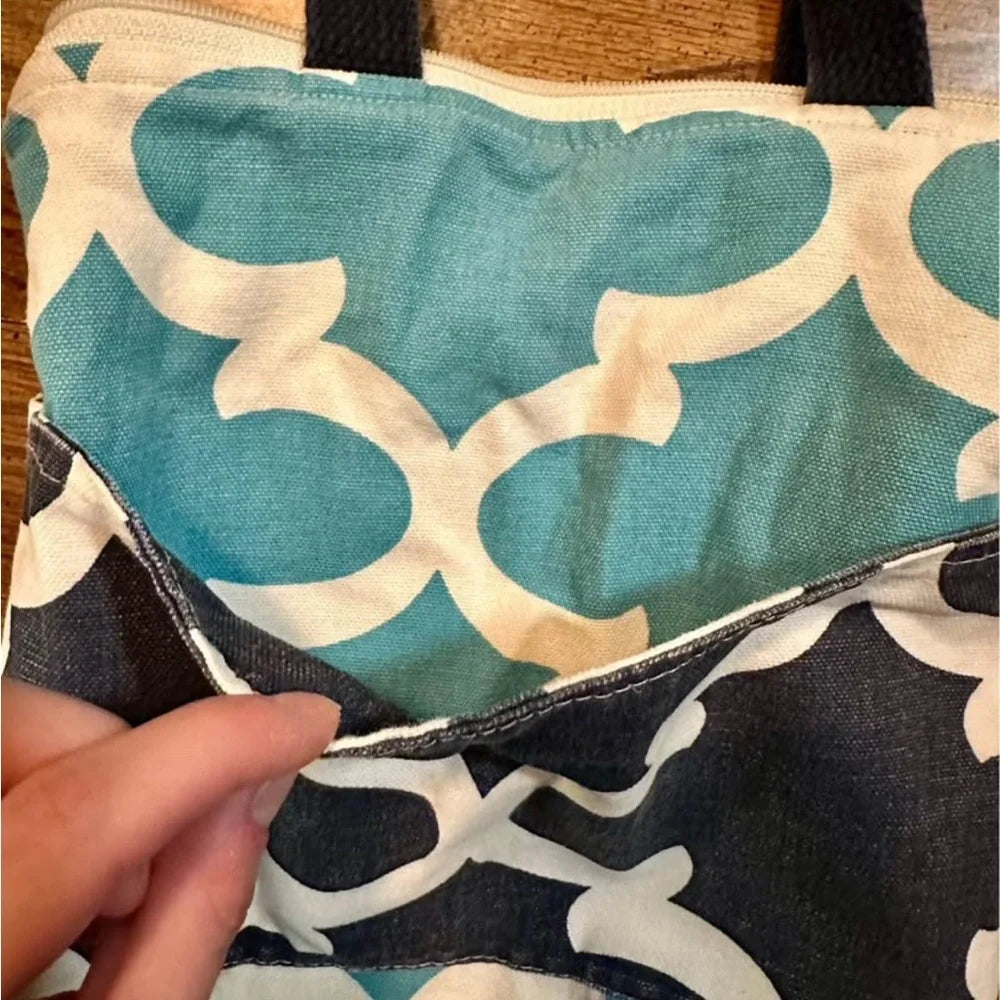 Stylish Teal and Navy Patterned Lunch Bag - Lined