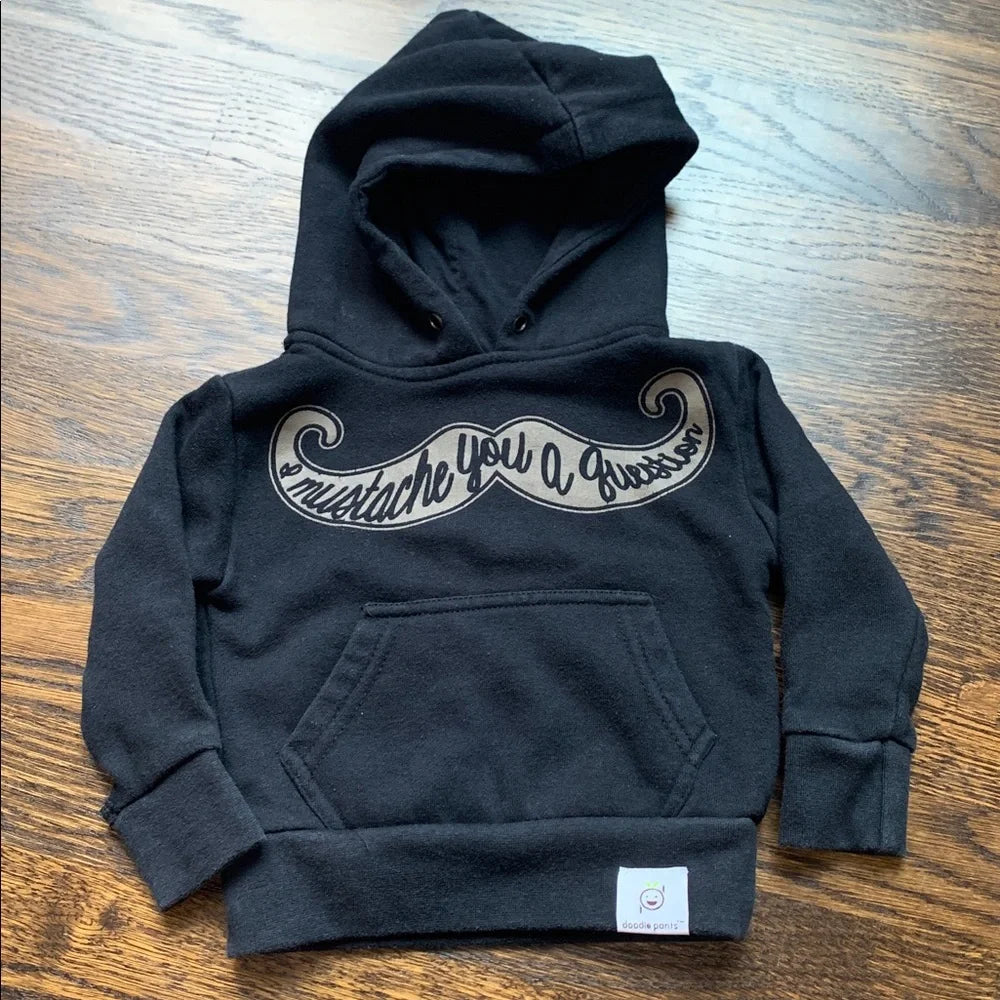 #151 - Doodle Pants Black Hoodie with Mustache Graphic - 12mo