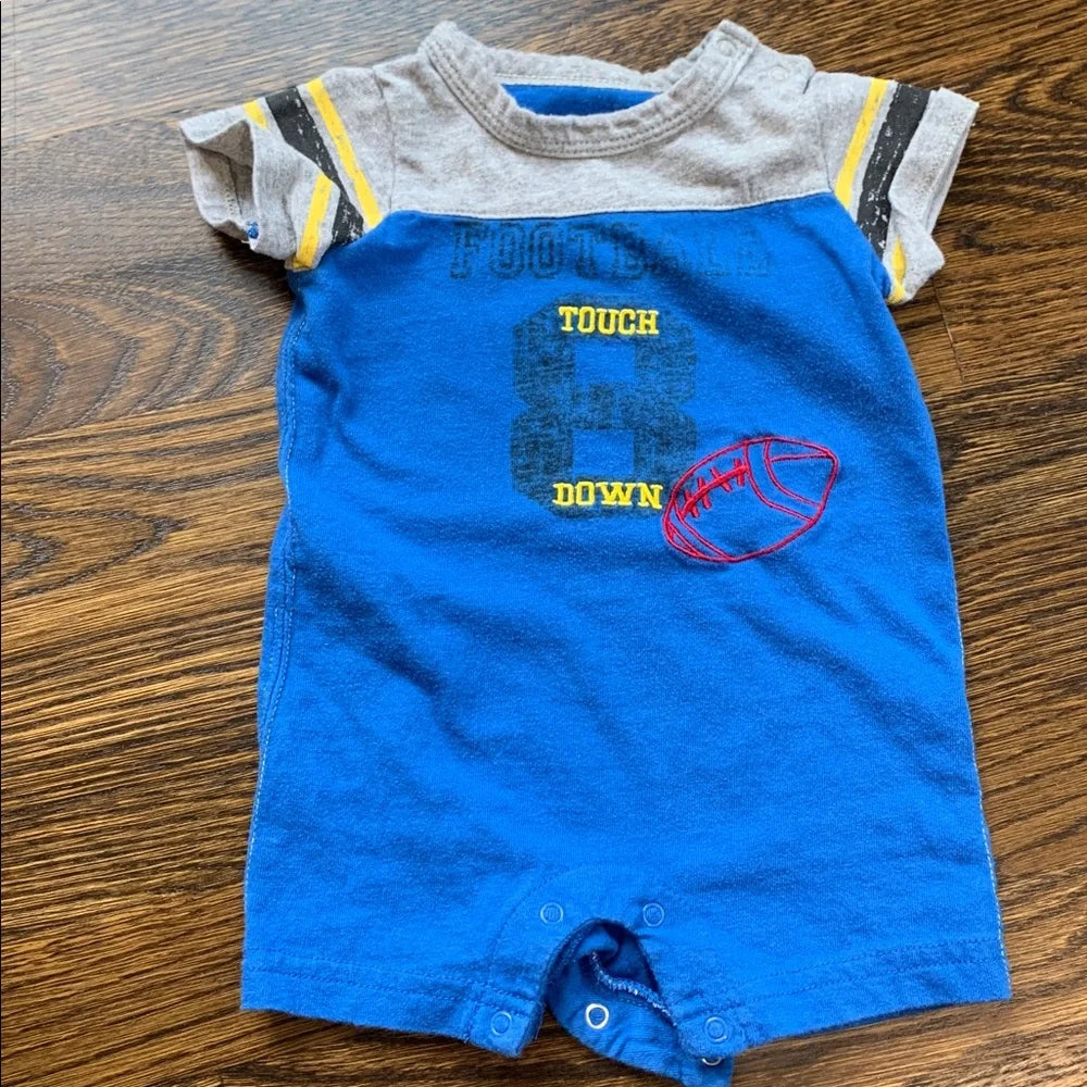 #151 - Babies R Us Blue and Gray Football Baby Romper - 0-3mo