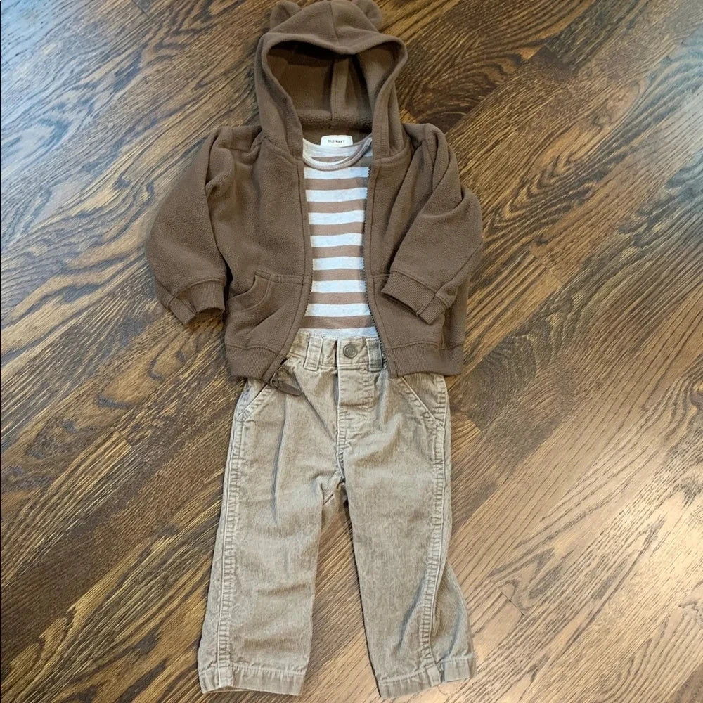 #151 - Brown Bear Hoodie Sweatshirt and Striped Onesie with Tan Pants Set -  Boys 12mo