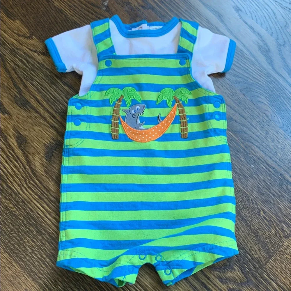 #48 - Striped Baby Romper with Shark Design - 3mo