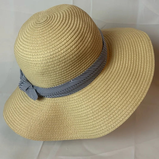 Women's LOFT Cream Sun /Wide Brim Hat with Blue Striped Ribbon Bow – One Size