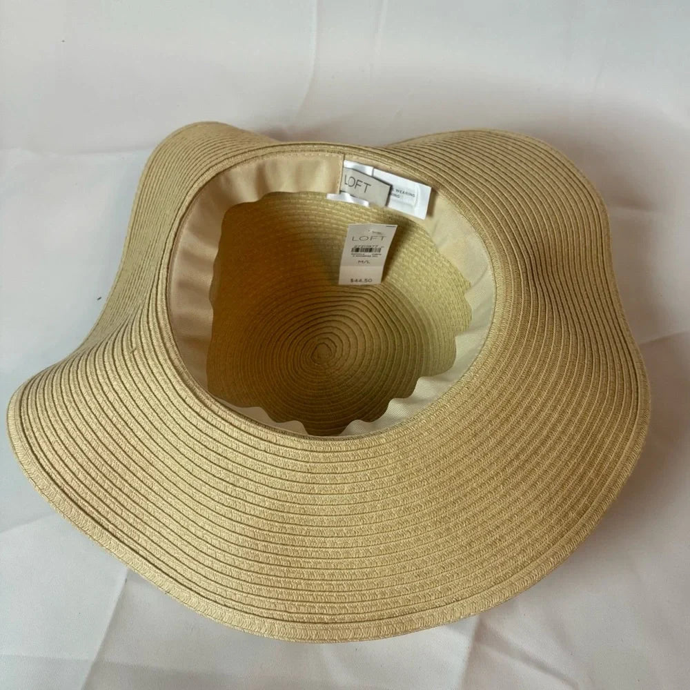 Women's LOFT Cream Sun /Wide Brim Hat with Blue Striped Ribbon Bow – One Size