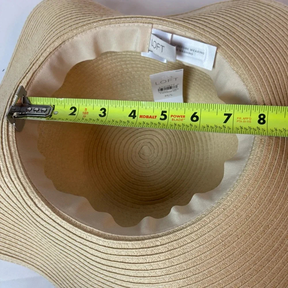 Women's LOFT Cream Sun /Wide Brim Hat with Blue Striped Ribbon Bow – One Size