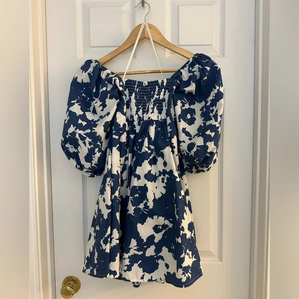 Women's Abercrombie & Fitch Blue & White Floral Emerson Poplin Mini Dress – Size XS