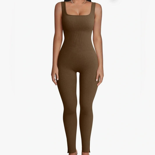 Women’s Ribbed Sleeveless Square-Neck Yoga Jumpsuit (Coffee, Small)