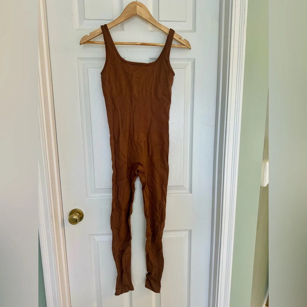 Women’s Ribbed Sleeveless Square-Neck Yoga Jumpsuit (Coffee, Small)