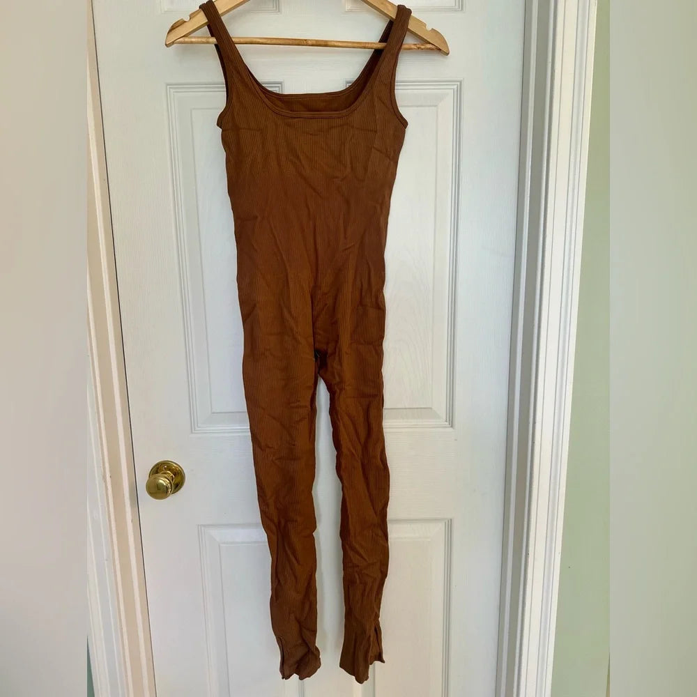 Women’s Ribbed Sleeveless Square-Neck Yoga Jumpsuit (Coffee, Small)