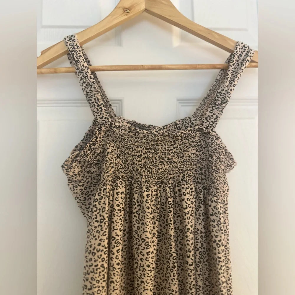 Women's Leopard Print Smocked Button-Front Midi Sundress - Size XS