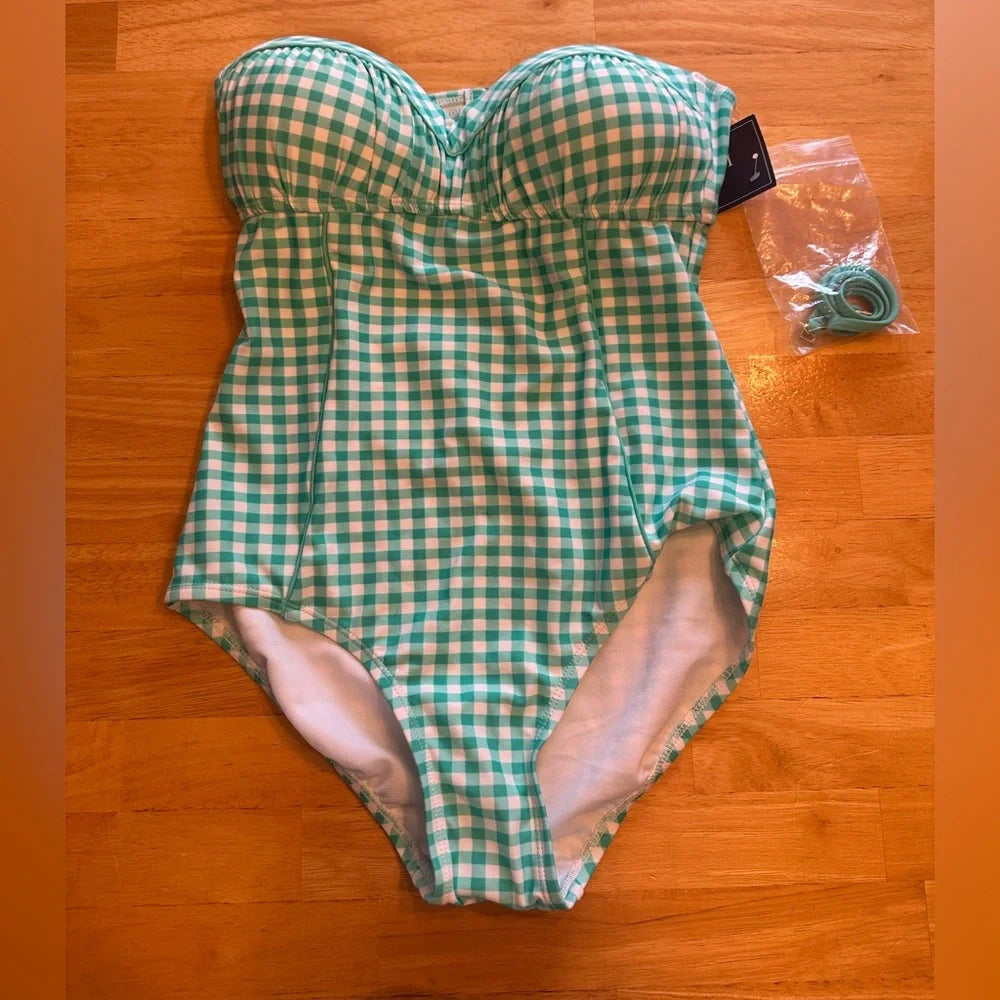 Women's Lauren James Green Teal Gingham One-Piece Swimsuit – Size Small – NWT
