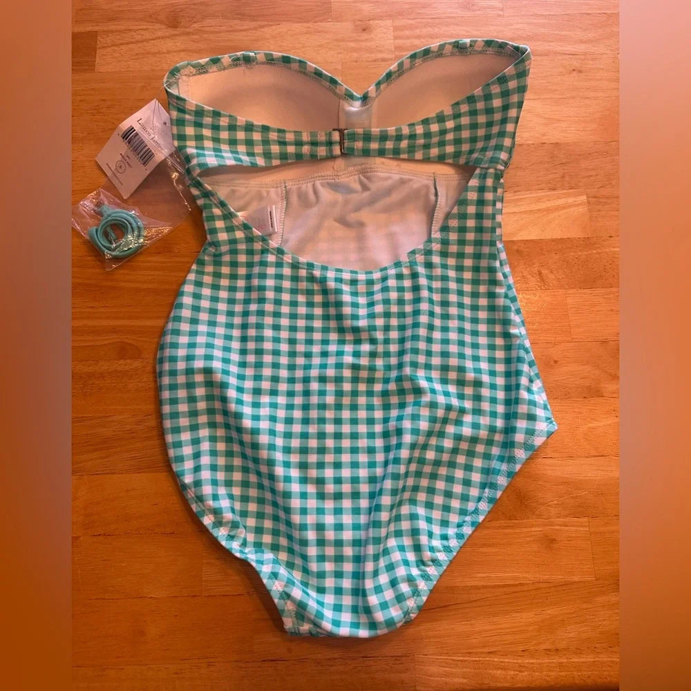 Women's Lauren James Green Teal Gingham One-Piece Swimsuit – Size Small – NWT