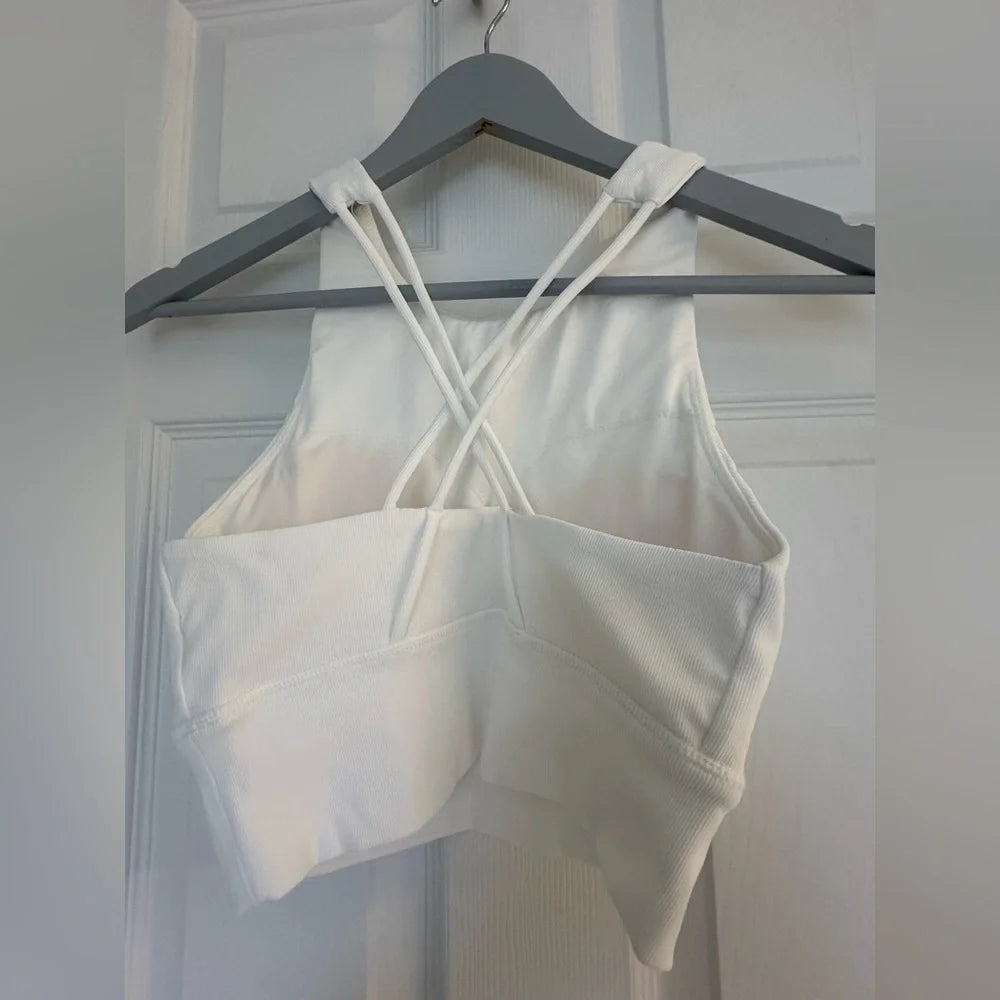 Women's White Crisscross Back Sports Bra Crop Top | Size Small