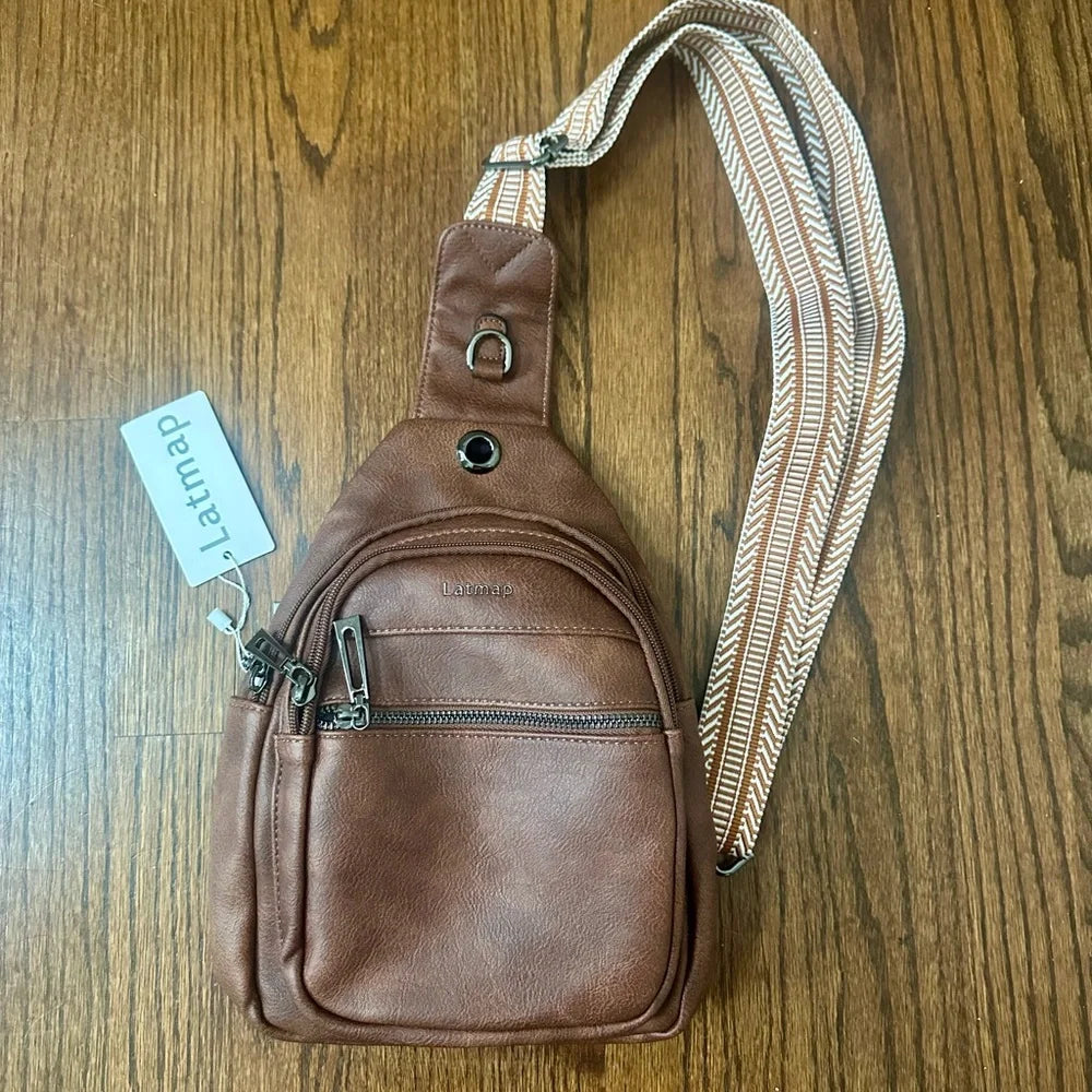 Women's Latmap Brown Faux Leather Sling Crossbody Bag w/ Adjustable Strap – NWT