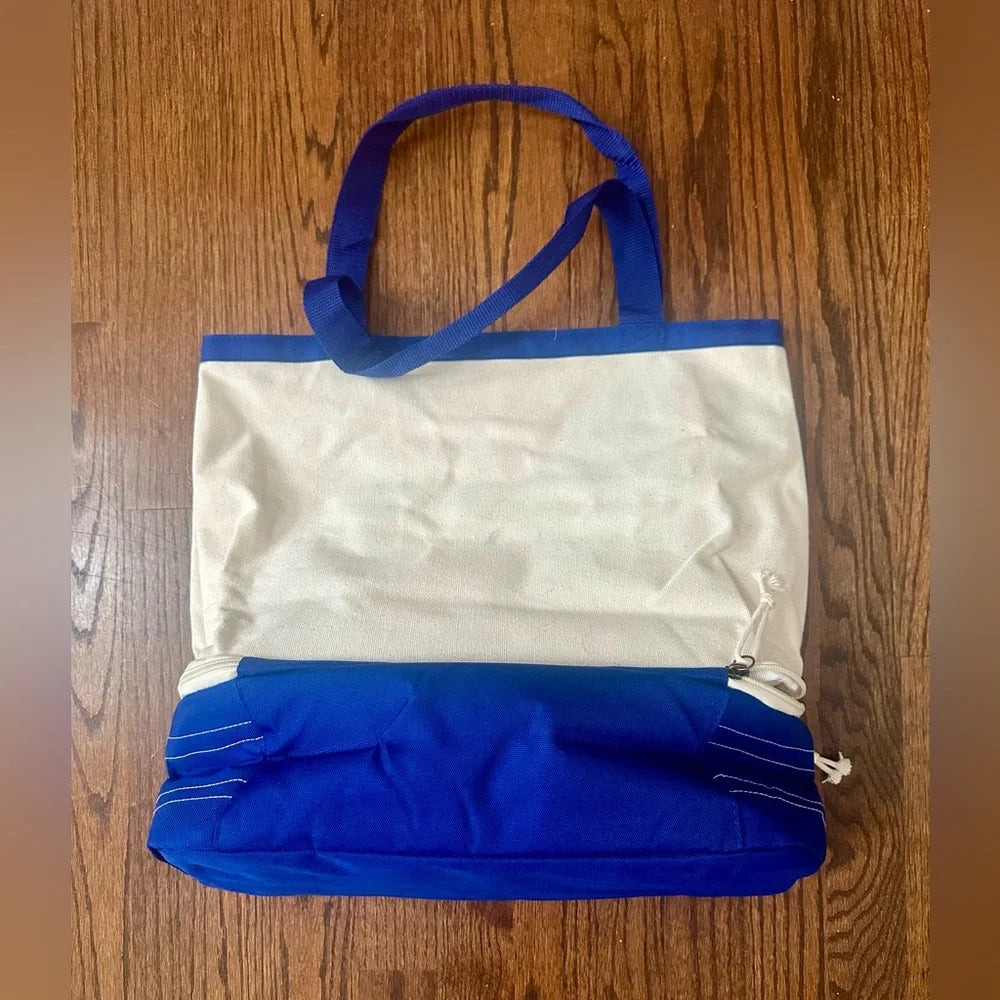 P&G Insulated Cooler Tote Bag | Blue & Cream Zip Bottom Lunch Beach Bag