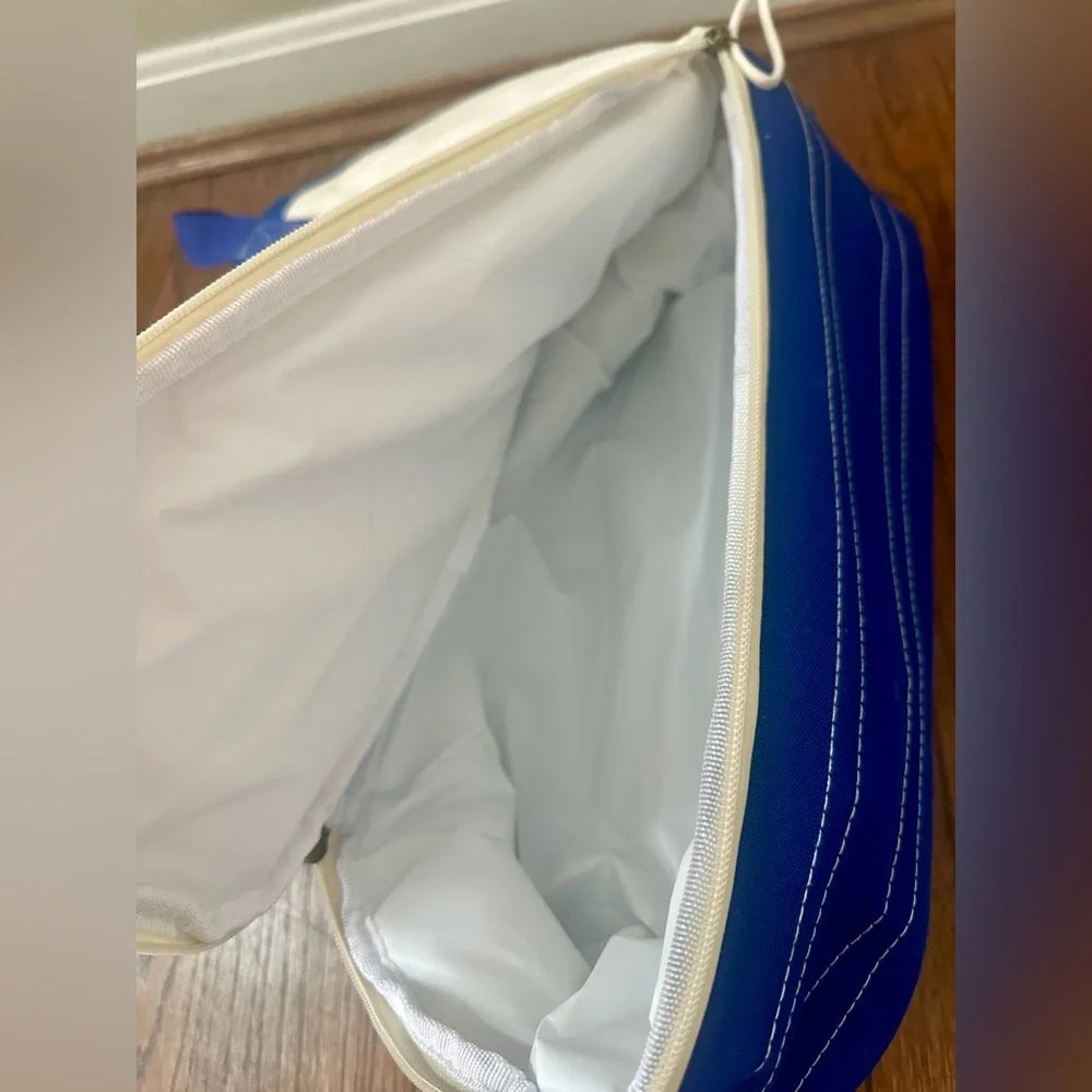 P&G Insulated Cooler Tote Bag | Blue & Cream Zip Bottom Lunch Beach Bag