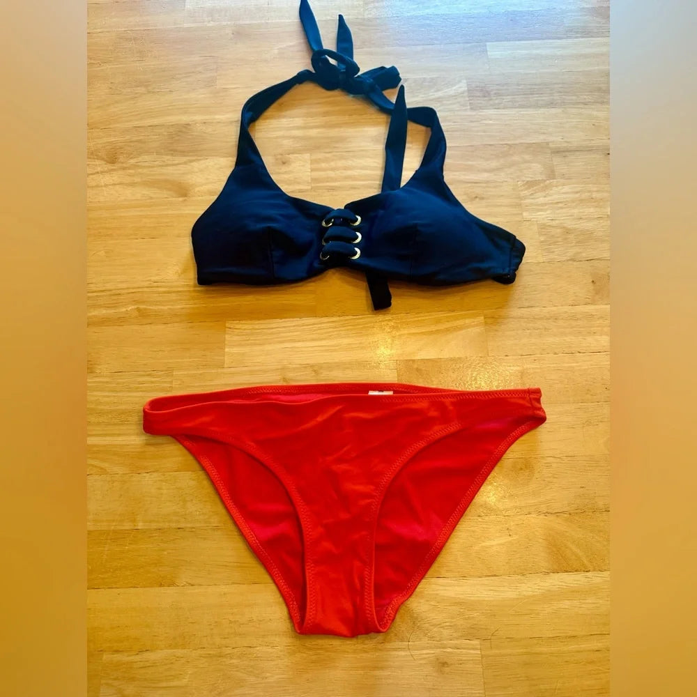Women's Abercrombie Swim Bikini Set | Size Small | Red Bottoms & Navy Halter Top