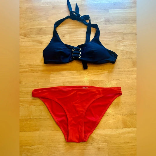 Women's Abercrombie Swim Bikini Set | Size Small | Red Bottoms & Navy Halter Top