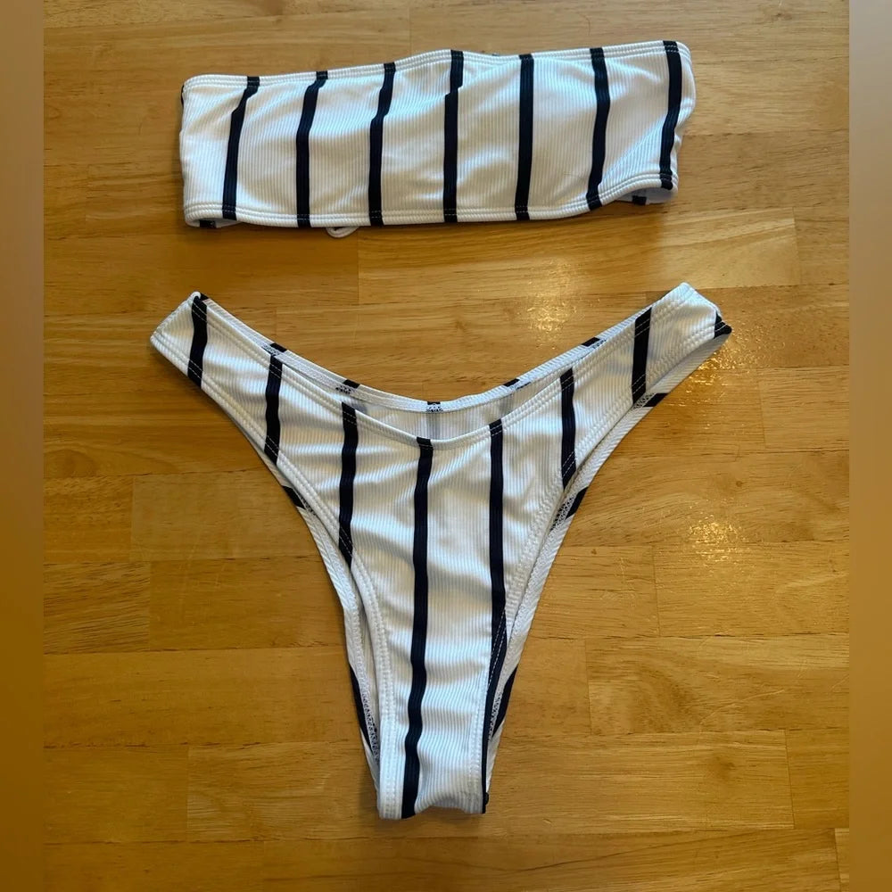 Women's Ribbed Black & White Stripe Bandeau Bikini Set - Size Small