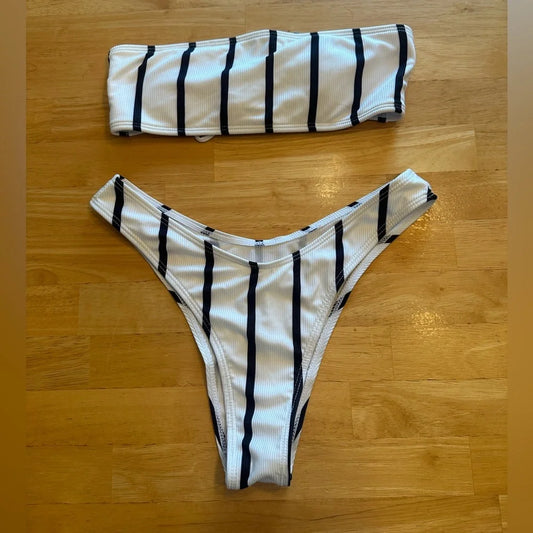 Women's Ribbed Black & White Stripe Bandeau Bikini Set - Size Small