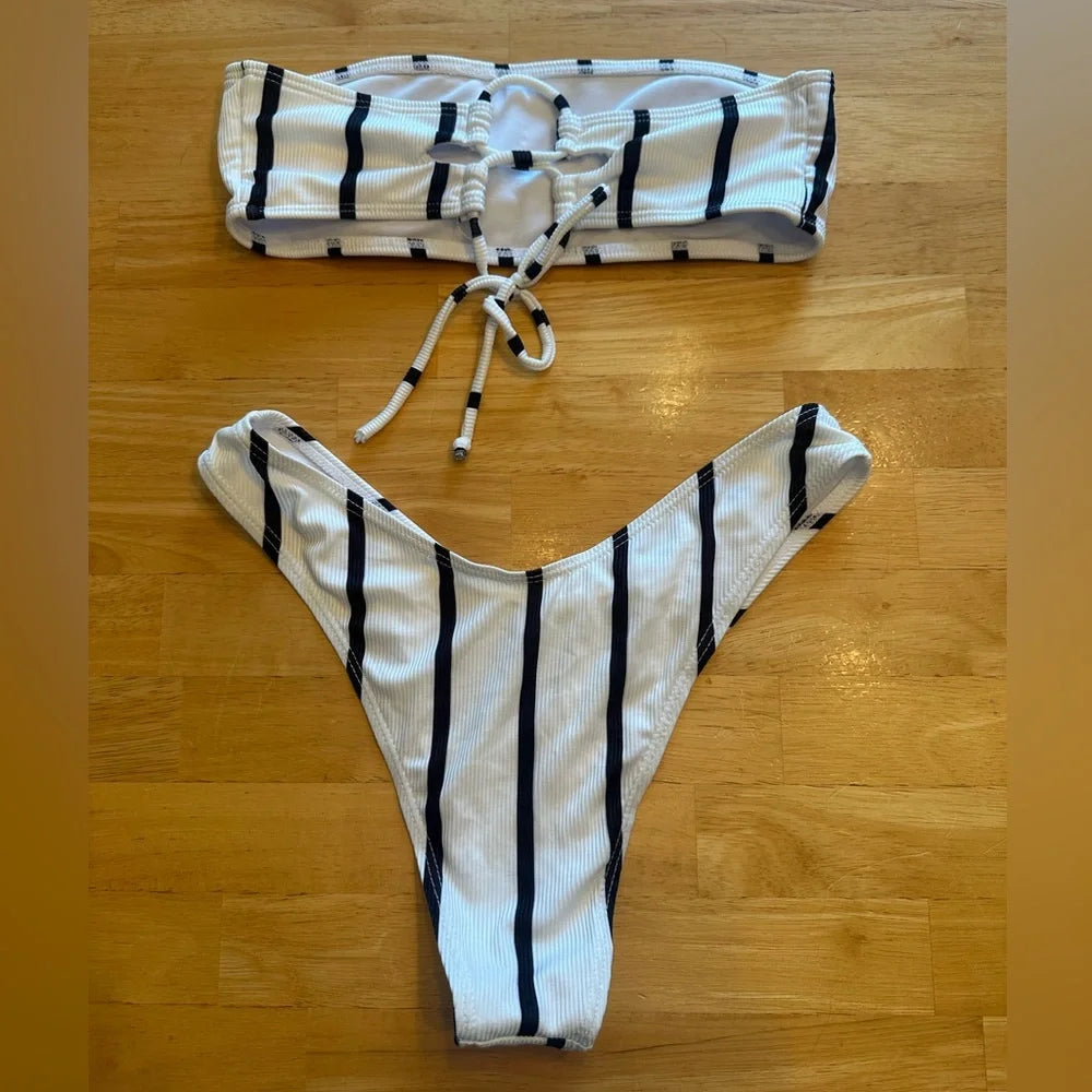 Women's Ribbed Black & White Stripe Bandeau Bikini Set - Size Small